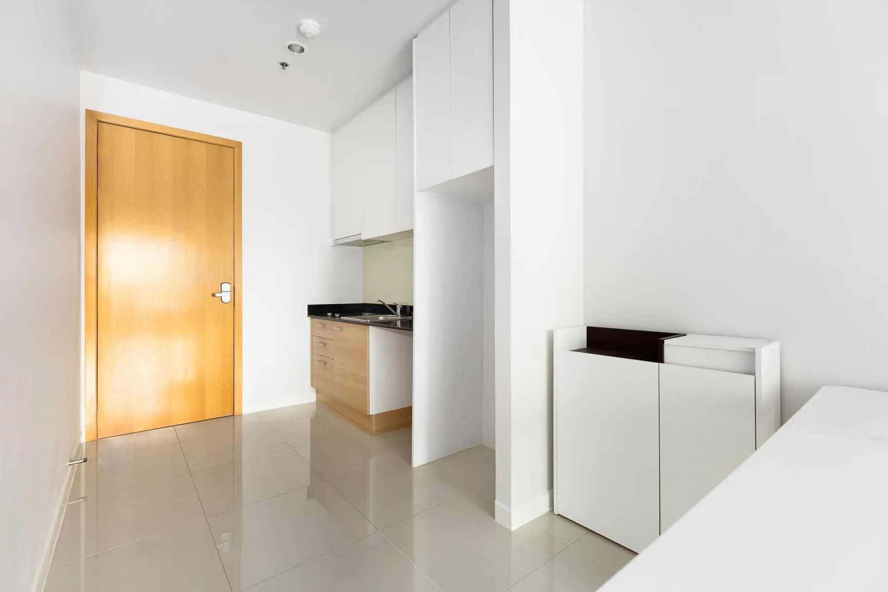 Circle Condominium kitchen approach with built-in cabinetry and doorway